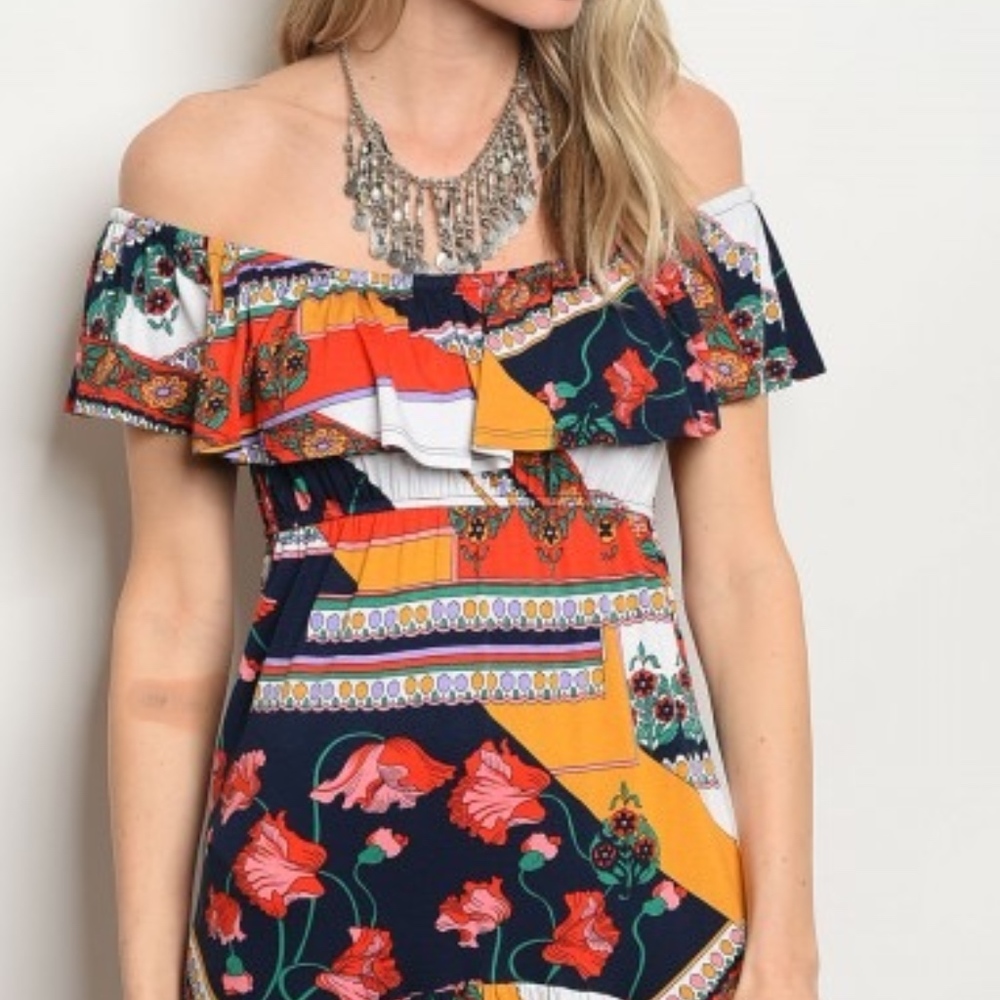 Off Shoulder Floral & Patchwork Dress - Picture 2 of 8